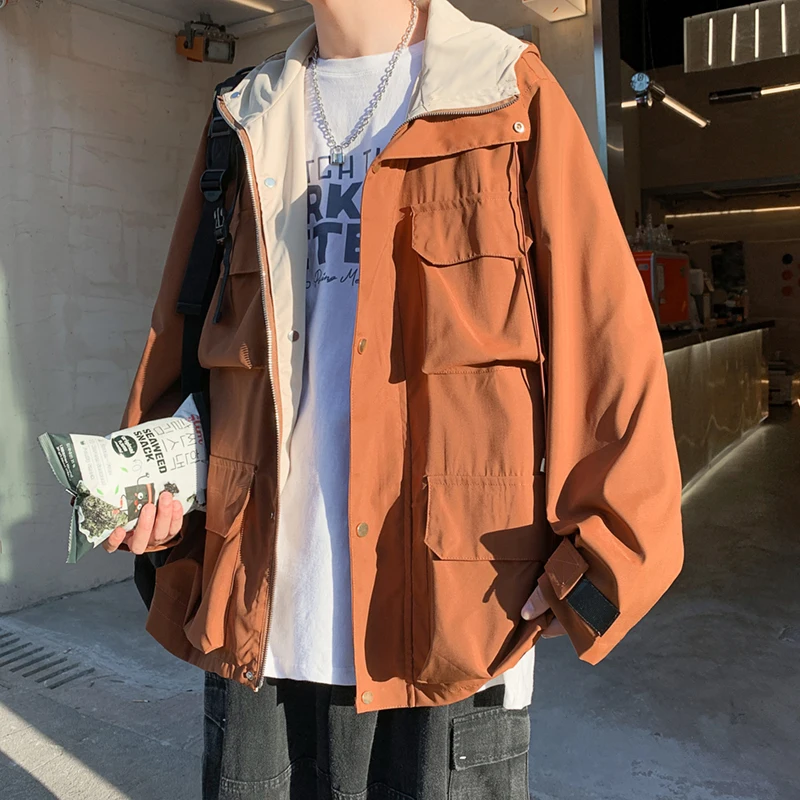 

Мужская куртка с капюшоном 2021, осенняя водонепроницаемая и ветрозащитная Мужская Уличная Повседневная куртка-бомбер в Корейском стиле с ка...