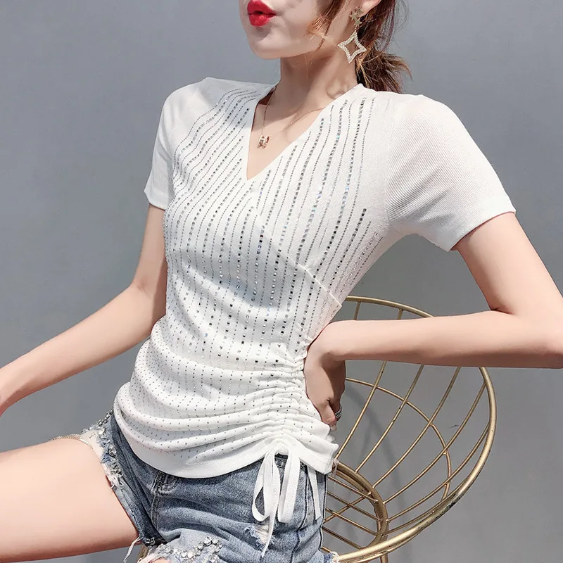 

Футболка женская с коротким рукавом, Модная приталенная хлопковая рубашка с бриллиантами, с V-образным вырезом, в стиле High Street, офисная одежд...