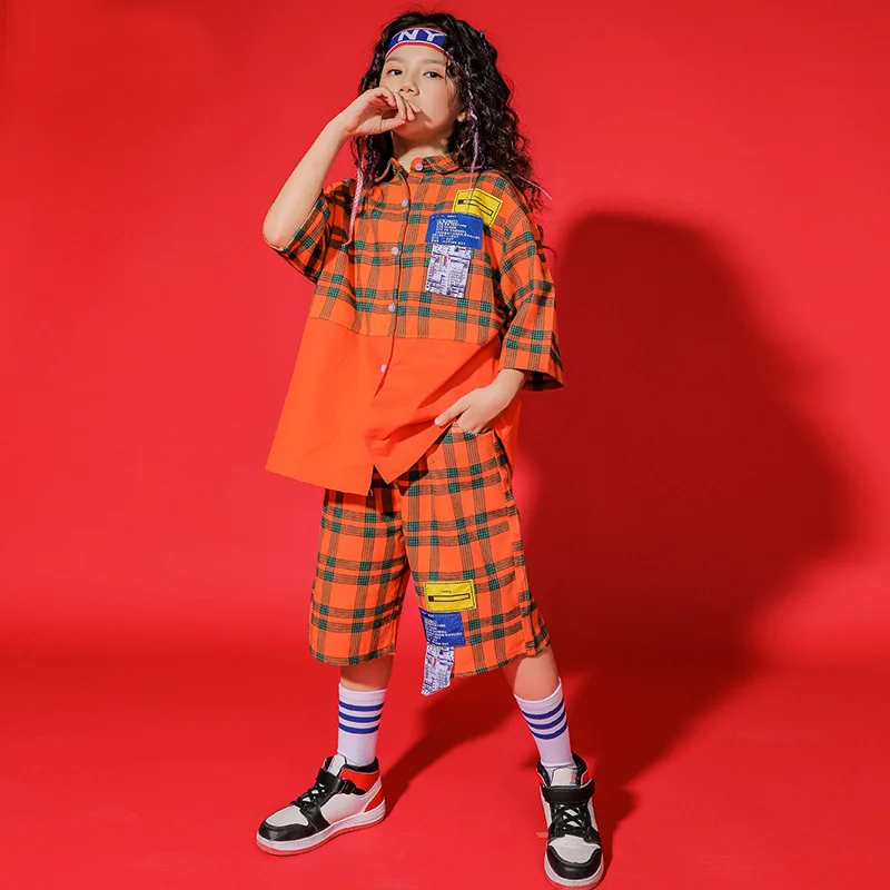 

Girls Hip Hop Checkered Shirt Boys Loose Shorts Street Dance Short Sleeve Summer Set Kids Jazz Outfit Costume Clothes Streetwear