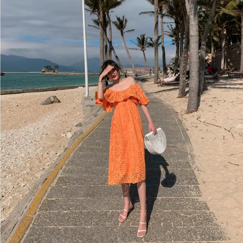 

2021 summer women's dress one line shoulder sexy slim beach holiday bosom wrap flounce skirt beach skirt