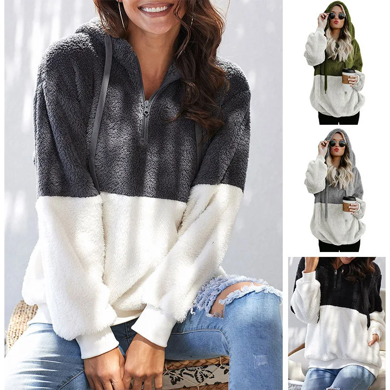 

New Autumn And Winter Color Matching Sweater Female European And American Women Plush Long Sleeve Zipper Warm Hooded Shirt Top