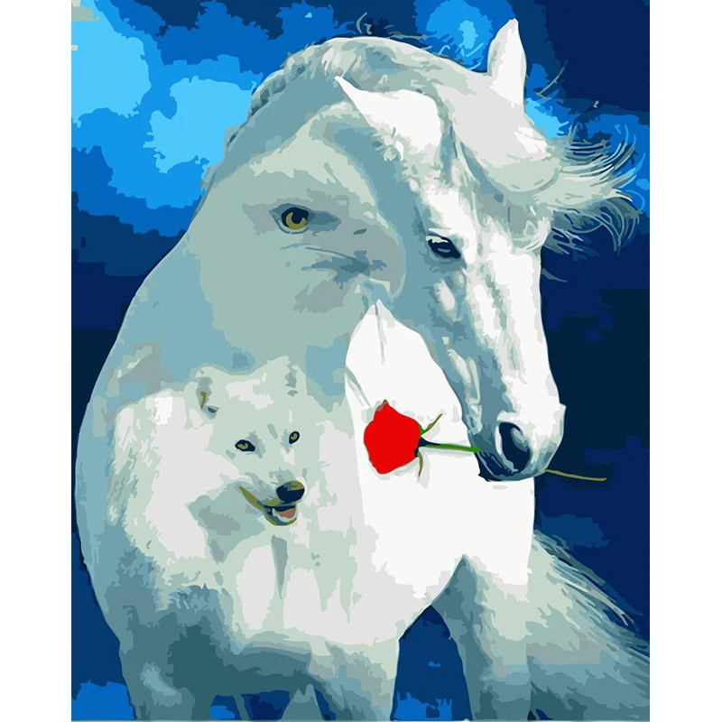 DIY живопись по номерам лошадь и волк иллюстрация рисунок на холсте Ручная роспись