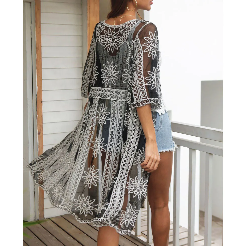 

Embroidery Kimono Lace Hollow Floral Cardigan Fashion Casual Beachwear Bikini Cover Ups Holiday Beach Blouse White Black 2021