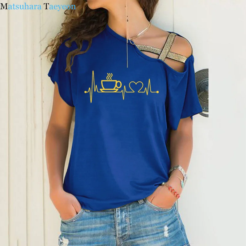 

Love Coffee and Heartbeat Lifeline Women Tshirt Fashion Casual Harajuku Tshirt Women Irregular Sloping Shoulder Clothes Women