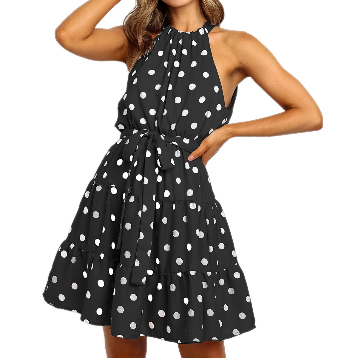 

Robe d'ete a volants pour femmes tenue Sexy Slim mince Robe Boho imprimee a pois sans manches a volants a la mode