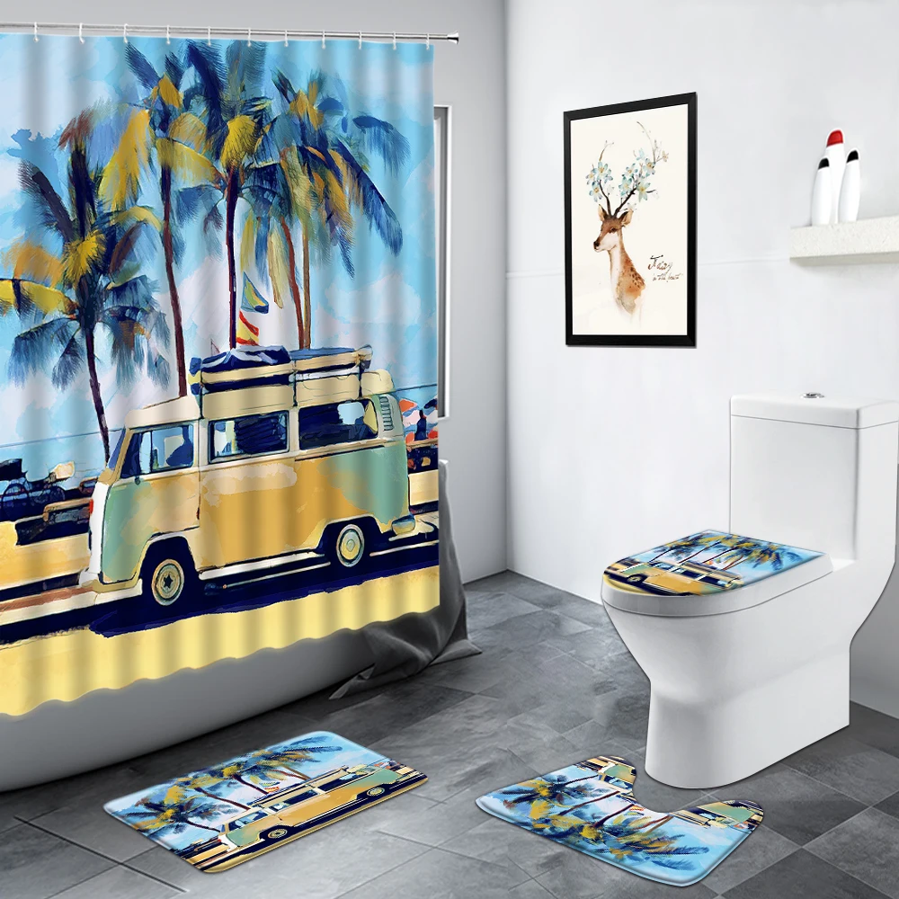 

Летние пальмы, океан, пейзаж, занавеска для душа, курорт, путешествия, автомобиль, доска для серфинга, декор для ванной, ковер, Противоскользящий коврик, набор ковриков для ванной комнаты