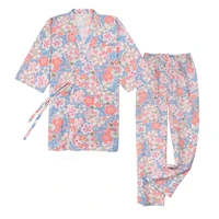 japanese breathable kimono pajamas yukata cotton for women v neck sleepwear trousers lounge loose style nightgown