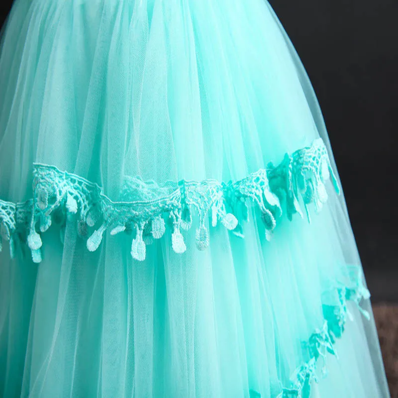 

Flower Girls Dresses Illusion Appliques Bow Crystal Embroidery Tulle Lace Short O-Neck Knee-Length Kids Party Princess Gown F260