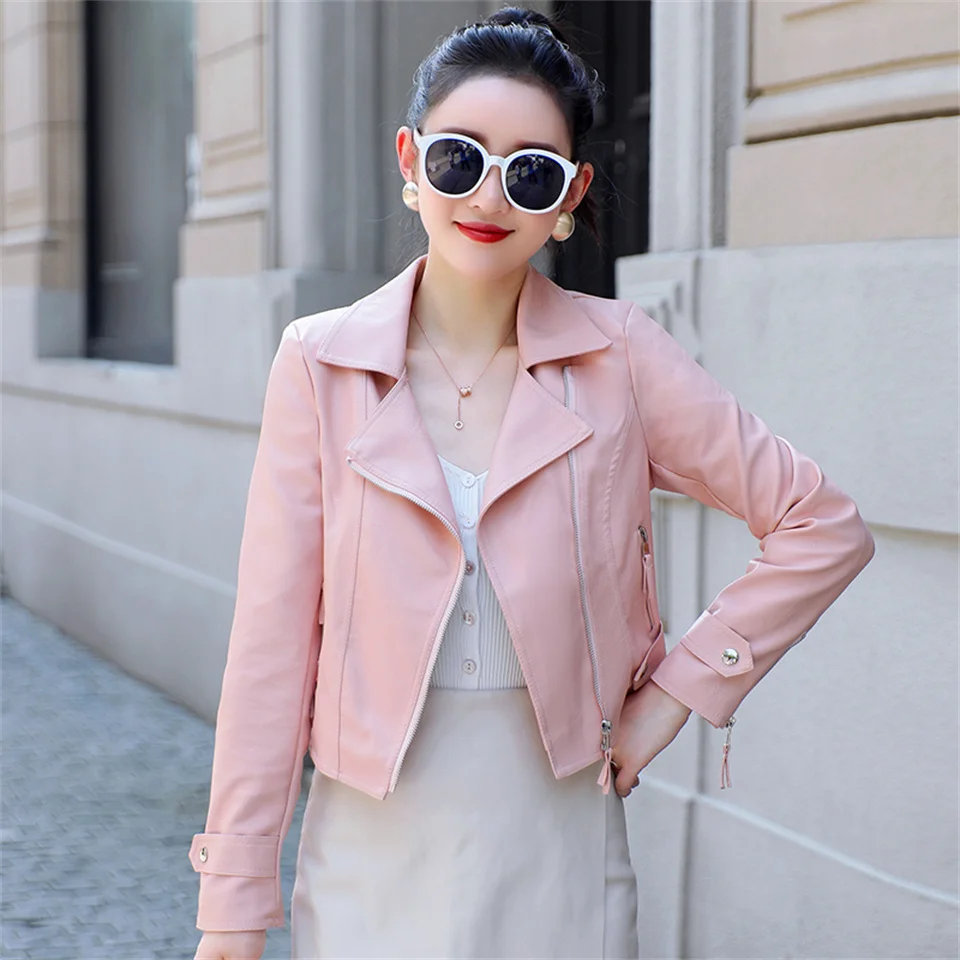 

Spring Autumn Pu Faux Leather Jacket Women Korea Zipper Slim Short Biker Jackets Coat Female Outwear Tops