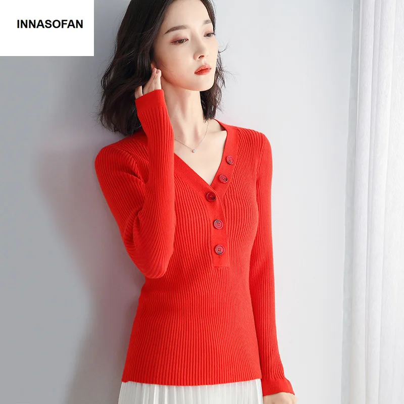 INNASOFAN sweater women Autumn Winter knitted long-sleeved Euro-American fashion elegant V-collar button | Женская одежда
