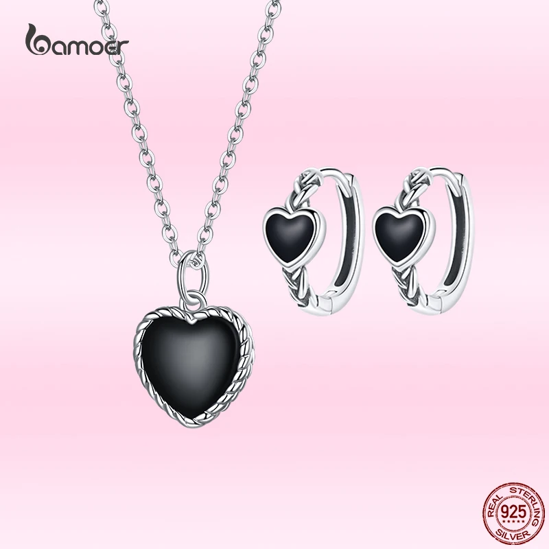 

Bamoer Genuine 925 Sterling Silver Black Love Pendant Necklace Earrings Sets for Women Exquisite Anniversary Jewelry Gifts