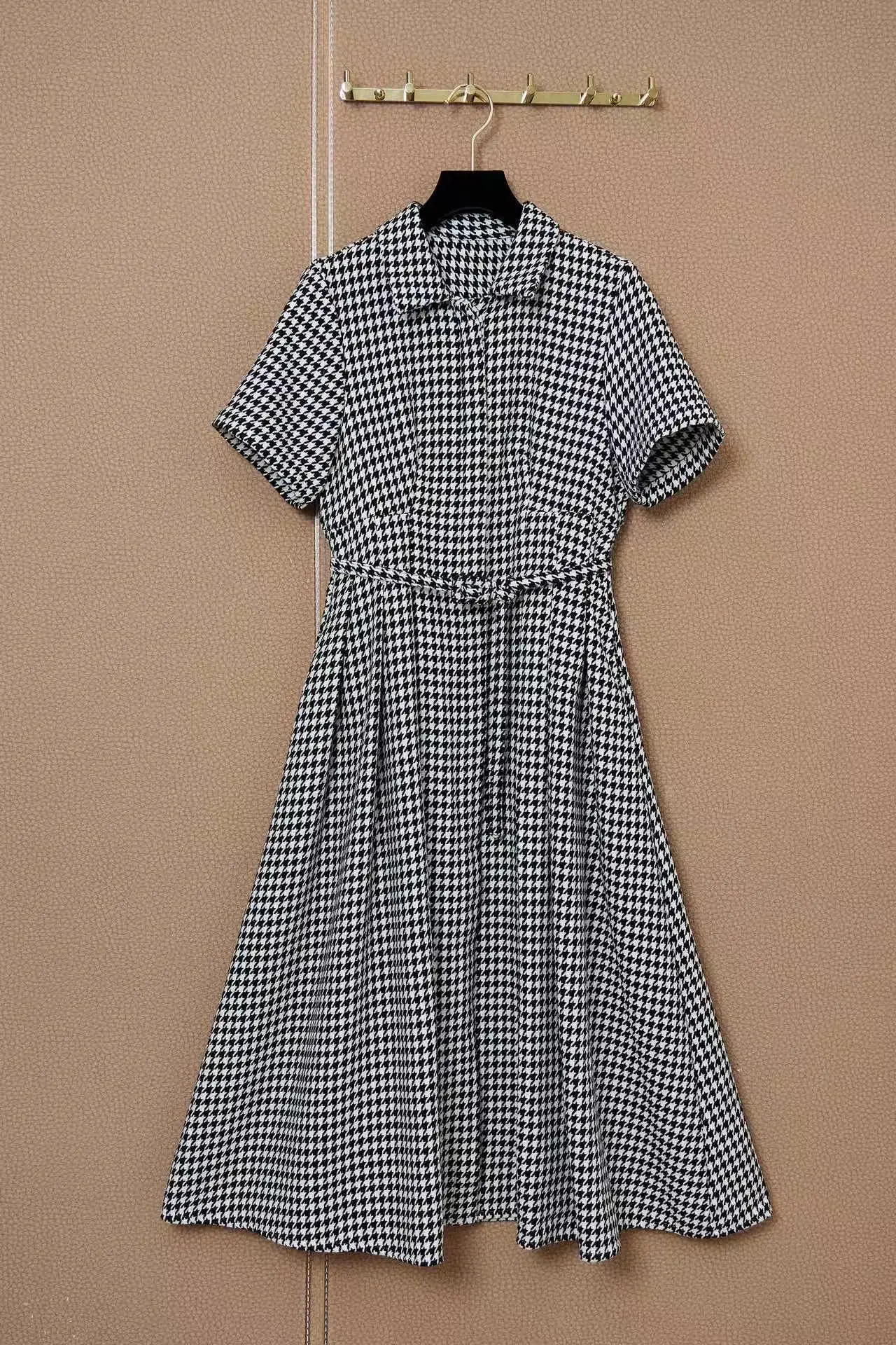 

Dress 2022 Summer Spring New Fashion Design Women Runway High Quality Houndstooth Vintage Belt Single Breasted Midi Dress