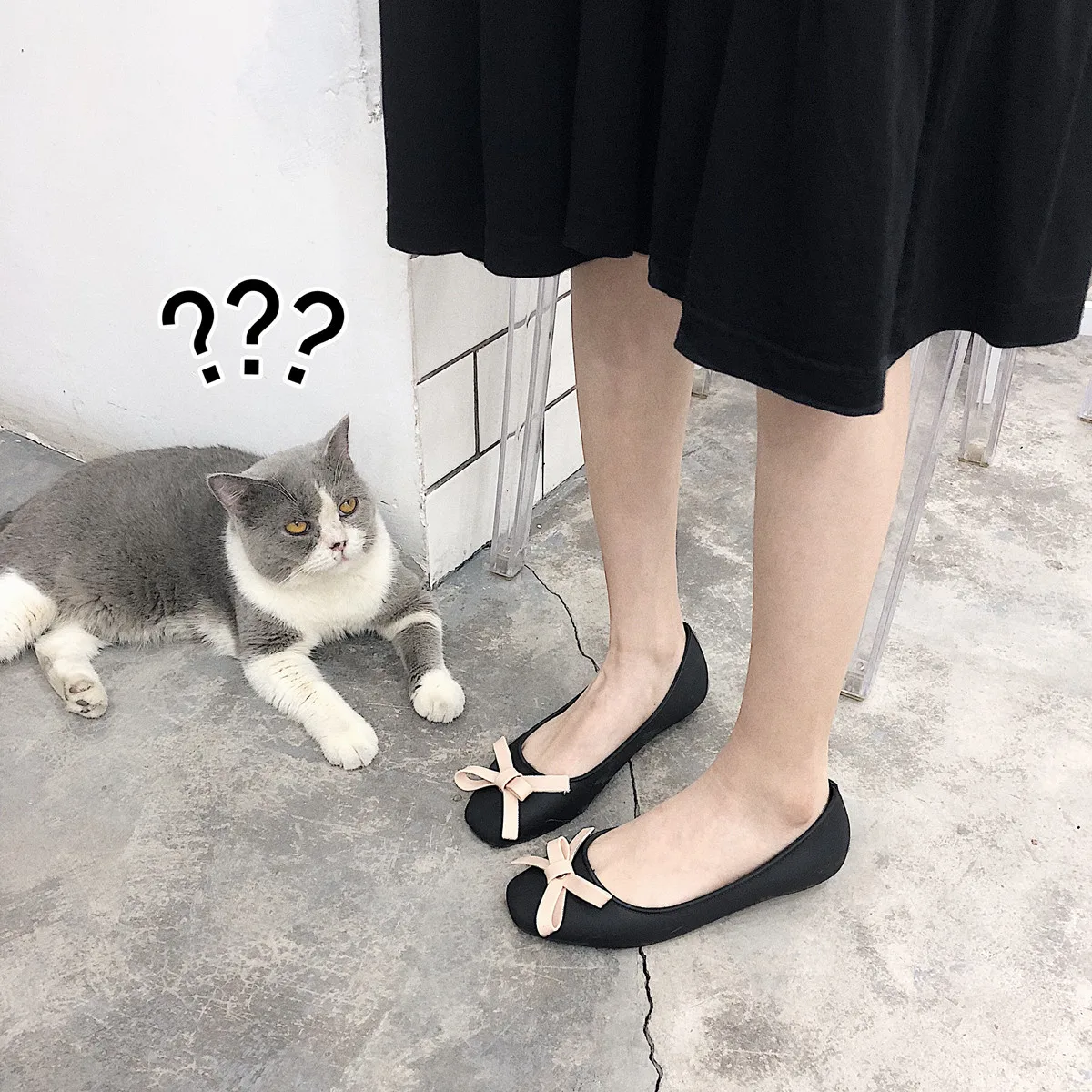 

Women shoes Plastic Flat Shoes Gentle Fairy Cute Square Bow Shallow Mouth Soft Bottom Female Light Breathble PVC