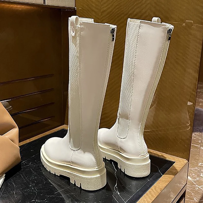 New Women Knee High Boots Winter Luxury Chelsea Boots Platform Shoes Fashion Chunky Heel Long Boots Zipper Round Toe Women Shoes