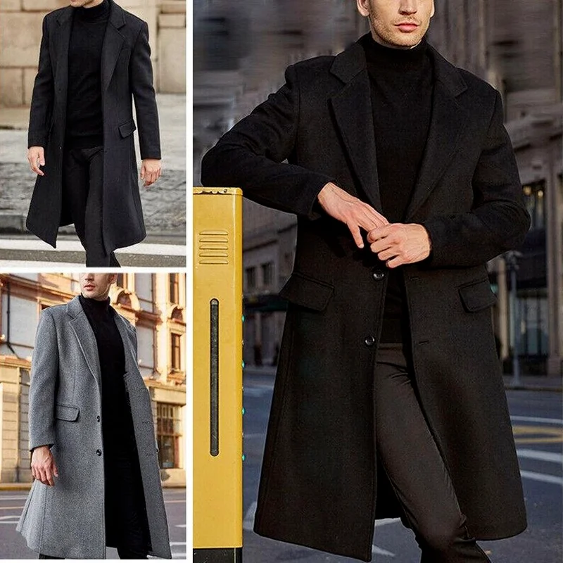 

Autumn/Winter 2021 New Men Black Woolen Coat Loose Streetwear Fashion Trendy Male Clothes Casual High Quality Long Overcoat Men