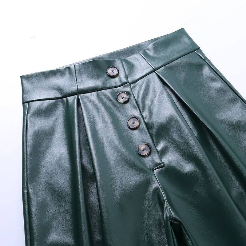 

AIIOU Europe Style Women's Faux Leather Pants PU High Waist Smooth Green Pockets Button Skinny Straight Long Pants Trousers