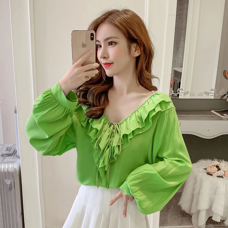 Женская шифоновая блузка с длинным рукавом V образным вырезом и воланом|Блузки| |
