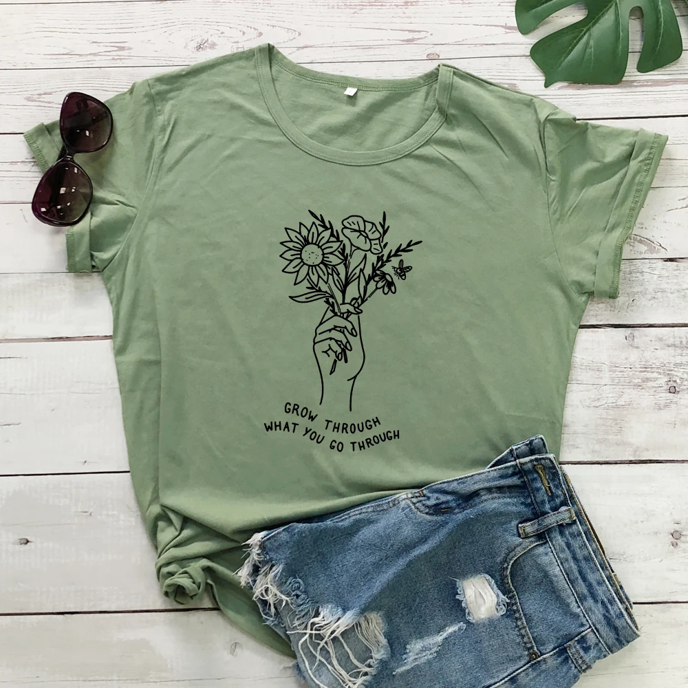olive-black text Летние расти через то, что вы проходите футболки Винтаж Цветочный принт футболка Топ Для женщин Crewbeck крафический Tumblr из хлопчатобумажной ткани, раздел-футболки - Цвет: olive-black text