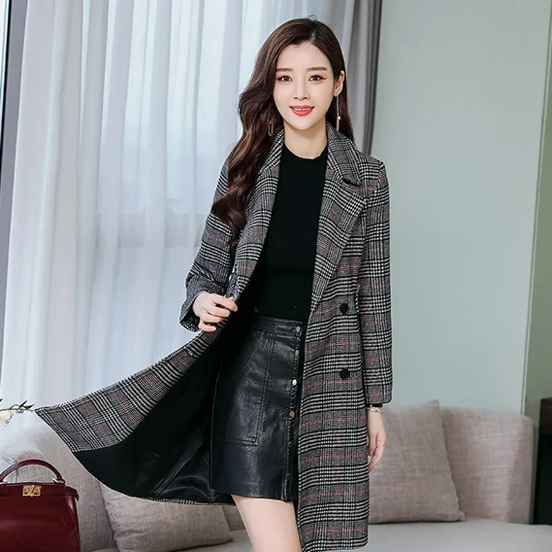 

Autumn Winter New Korean Womens Plaid Woolen Trench Coats Long Sleeve Double Breasted Slim Fit Office Ladies Medim Length Coats