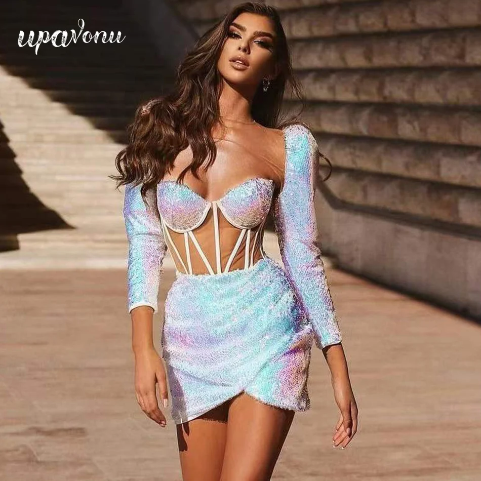 High Quality Sexy Tulle Patchwork Sequin Dress Women Draped Design Irregular Fashion Club Party Bodycon Backless Mini Dresses