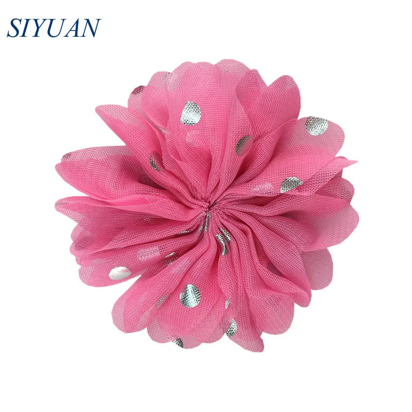 10 шт./лот 8 см Серебряный горошек Шифоновый Цветок с зажимом для волос плоской