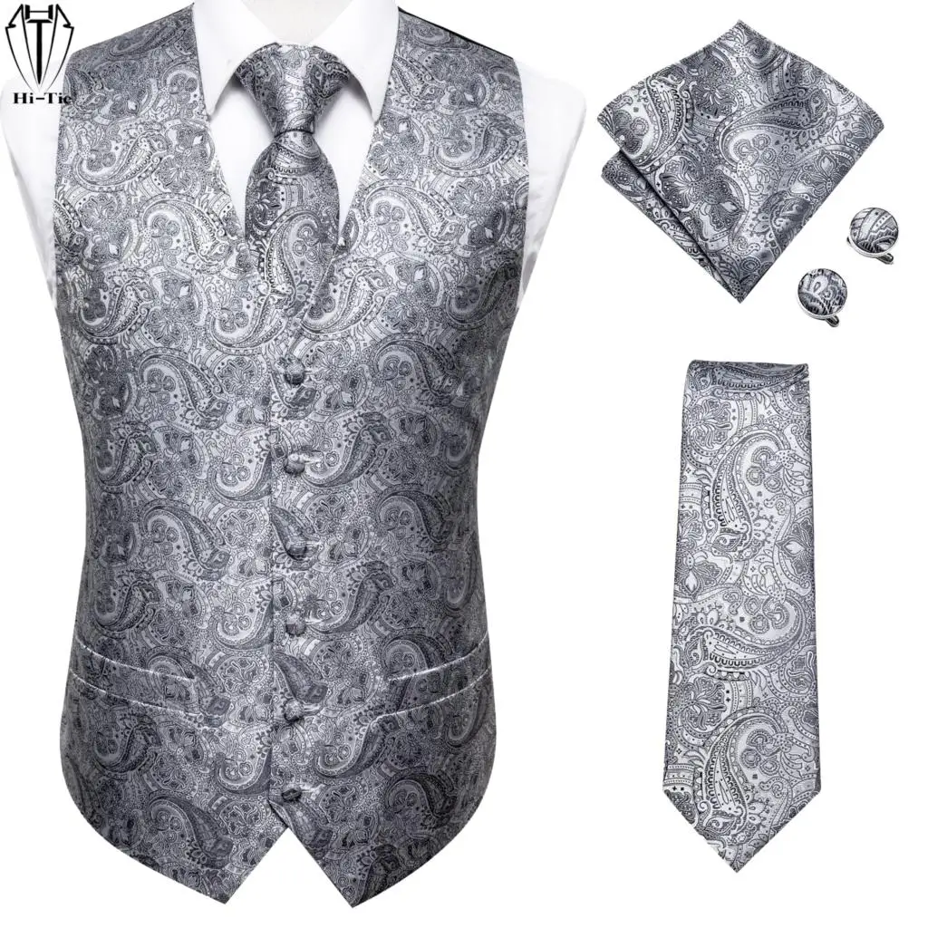 

Hi-Tie Mens Suit Vests Necktie Hankerchief Cufflinks Set Silk Slim Fit Dress Waistcoat Tie Jacket Paisley Floral Plain Colors