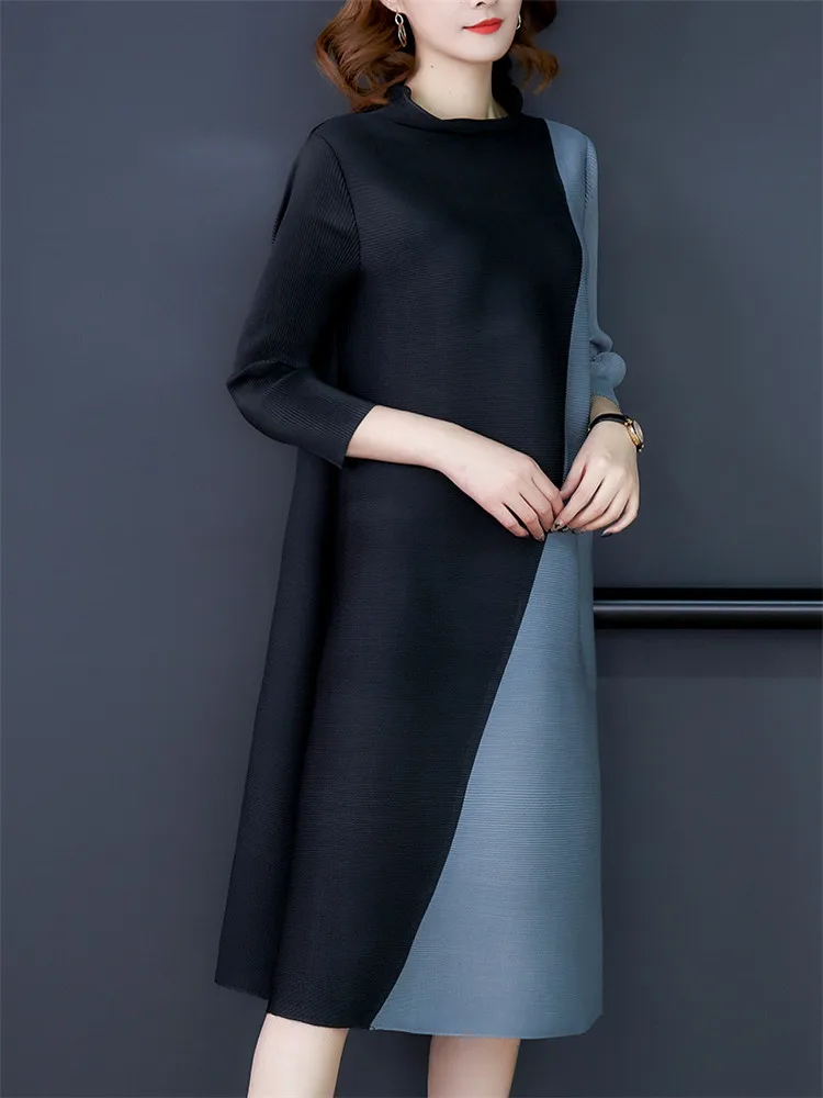 

Miyake pleated dress 2021 new women's temperament is thin and color matching long fashion belly folds A-line dress