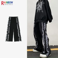 rainbowtouches men street trend retro side bandanna print youth fashion sports casual black pants