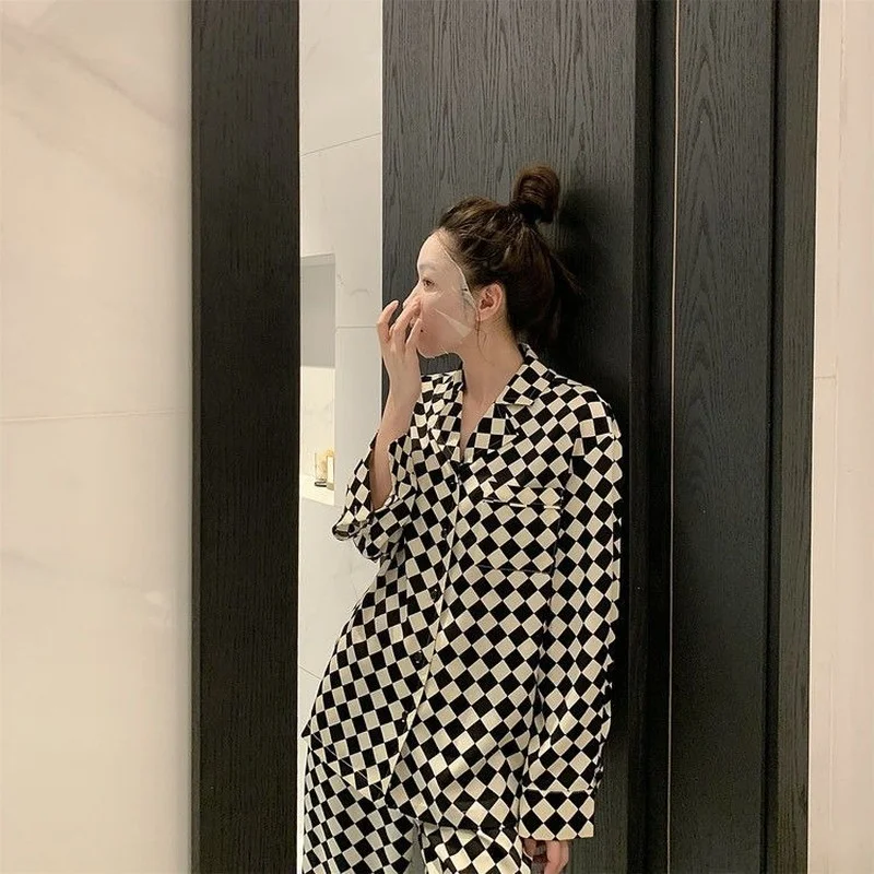 QWEEK Women Pajamas Black and White Grid Pijamas Spring Autumn Home Clothes Lounge Wear Sleepwear Pyjamas 2 Piece Sets Roomware
