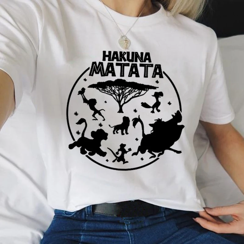 Летняя модная женская футболка с надписью Hakuna Matata принтом короля льва коротким