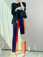 2021 summer new womens nine point straight pants miyak fold large size loose stitching printed high waist slim trousers