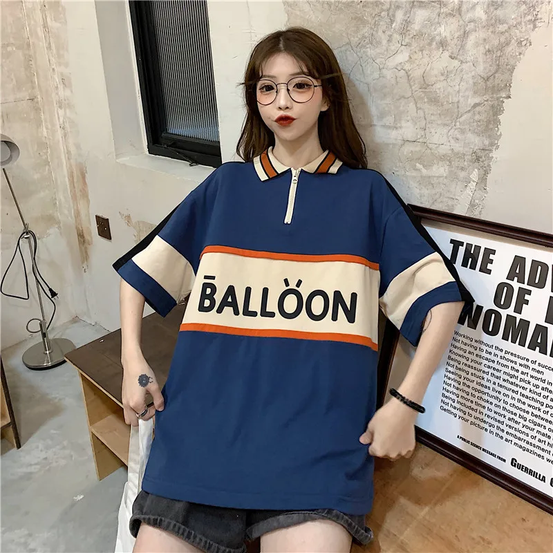 

2021 summer new POLO shirt women's t-shirt retro color matching loose lapel short-sleeved shirt trendy niche design