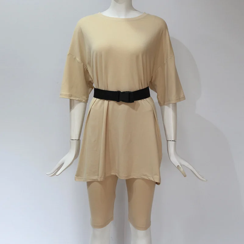 

Solid Sportswear White Khaki Two Piece Sets Outfit Belt Wear Women Summer 2020 O-Neck Top Pants Short Loose Casual Fashion Suit