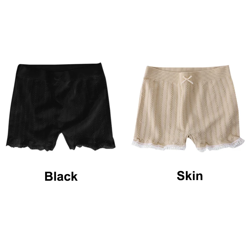 Black Skin Женские Эластичные облегающие шорты, кружевные хлопковые шорты для мальчиков, под юбку, безопасные штаны для мальчиков, шорты с бантом, под брюки, боксеры, Mujer - Цвет: Black Skin