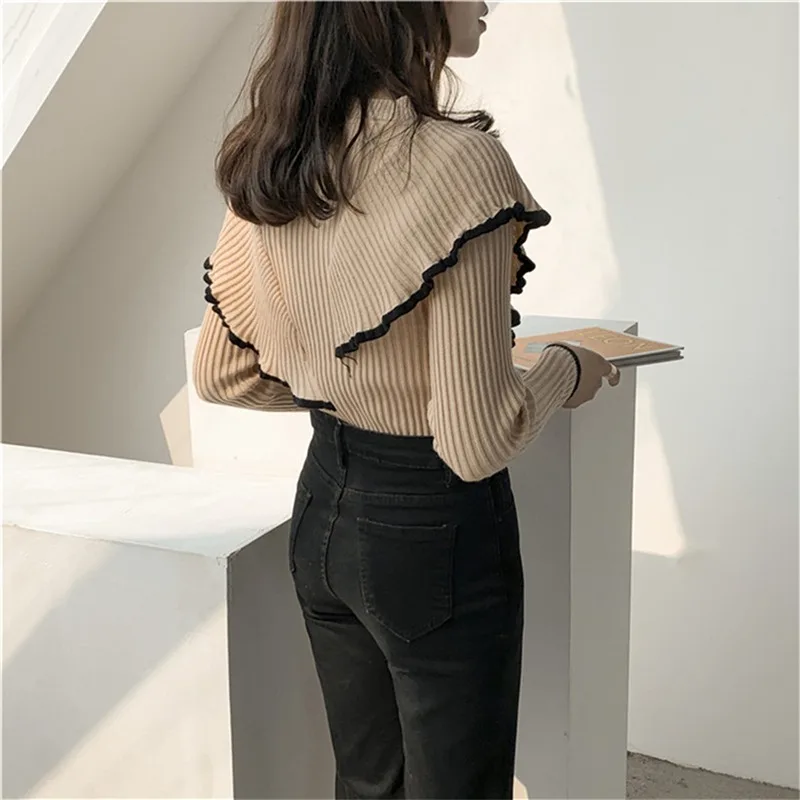 

Ruffles Stitching Design Ladies Sweater Korean Knitted Pullover Basic Bottoming Tops Fashion Spring Autumn Warm Female Sweater