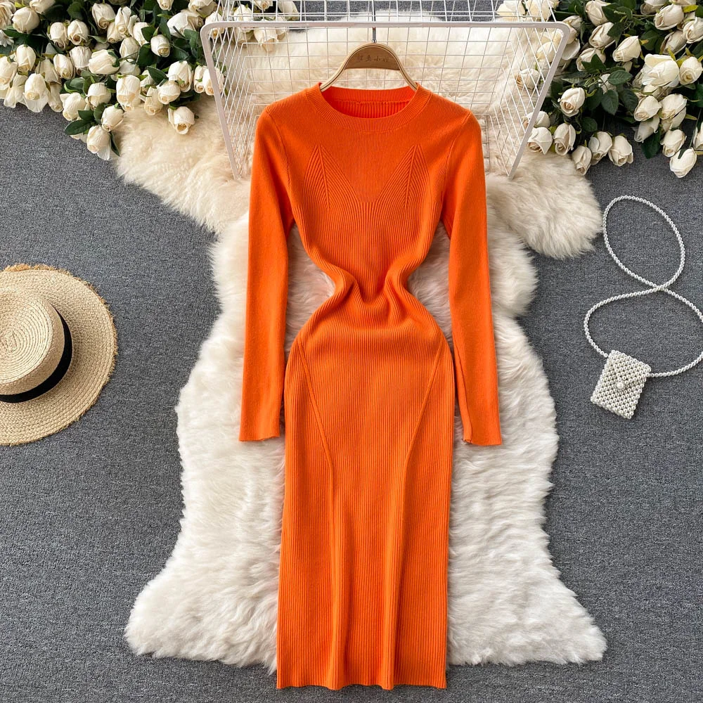 

Long Sleeve Knitted Bodycon Dress Women Fashion Autumn Winter Sweater Dress Solid Color Slim Fit Midi Calf Elegant Clothes 2021
