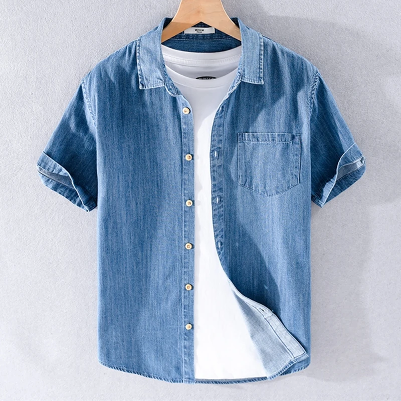 

Men's Business Casual Short-sleeved Denim Shirt 2023 Summer Classic Fashion Cowboy Jacket Male Brand Tops 100% Cotton Clothes