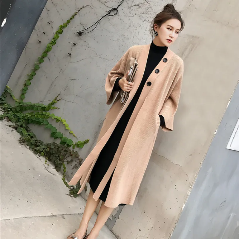 

2020 Women Autumn Winter Fasionable Long Sweater Coat Oversized Knitted Cardigan Jacket Big Sleeve Sashes Outwear