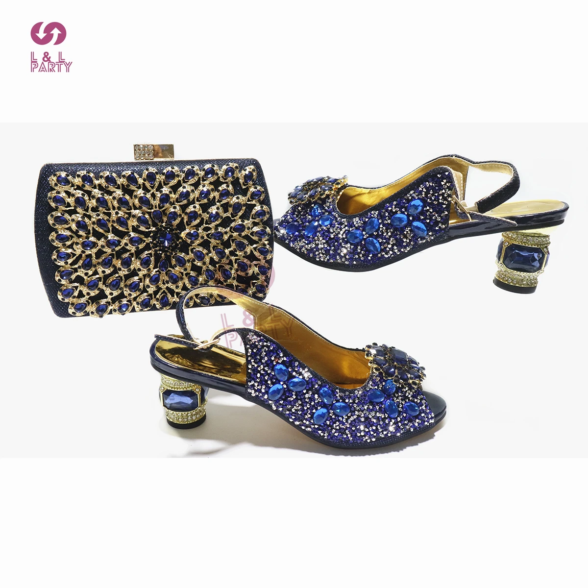 

2022 Specials New Arrival Decorate with Rhinestone Nigerian Women Shoes Matching Bag Set in Dark Blue for Garden Party