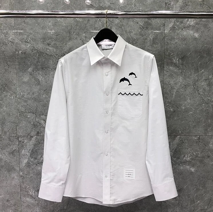 

Fashion TB 2021 THOM Brand Shirts Men Slim White Long Sleeve Casual Shirt Dolphin Pattern Oxford Fabric Solid Men's Clothing