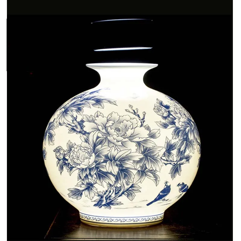 

Jingdezhen Ceramic New Chinese Peony Flower Vase Blue And White Porcelain Ornaments Lliving Room Fine Bone China Vase Decoration