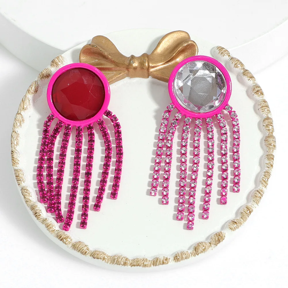 

Big Statement Round Crystal Long Tassel CZ Fuchsia Crystals Dangle Drop Earrings for Women Bridal Wedding Party Jewelry