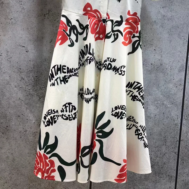

2021 Designer Fashion Summer 100% Cotton Vintage Dress White Letter Flower Printed Women Vintage Elegant Dresses