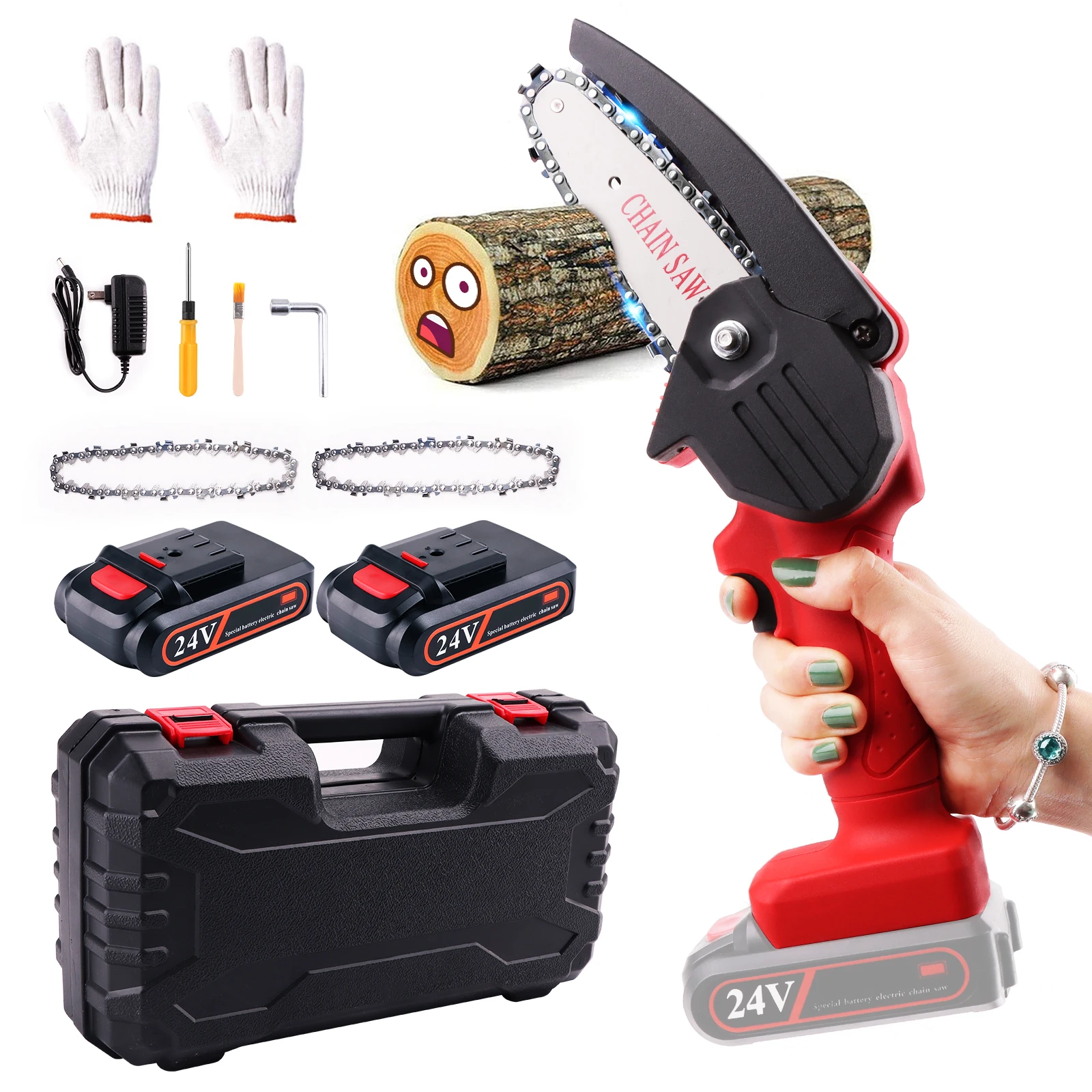 

Mini Chainsaw, RLSOO Upgraded 4-Inch 24V Battery Powered Cordless Chainsaw, Portable One-Handed Rechargeable Electric Chainsaw