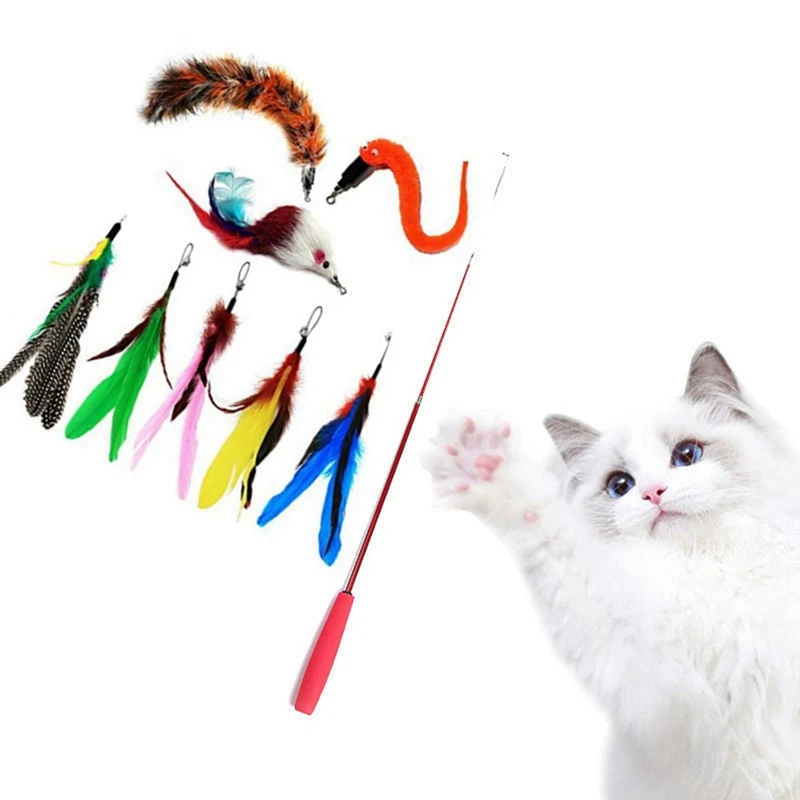 

Tease Cat Wand Toys (9 Feather Heads) Interactive Feather Toy With Bell For Cats