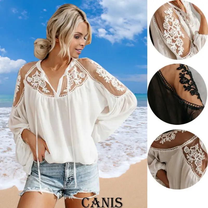 

Summer Women Long Sleeve Lace Mesh Patchwork Blouses Ladies Black White See Through Shirts Beach Wear Tops Plus Size XXL