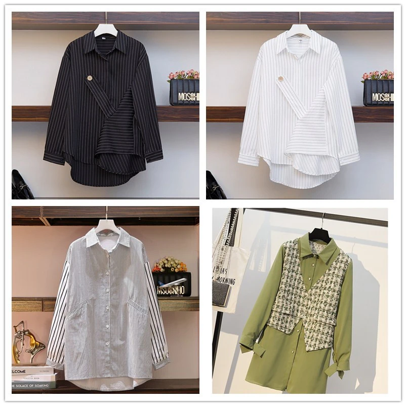 Женская блузка в полоску с длинным рукавом размера плюс Повседневная Длинная