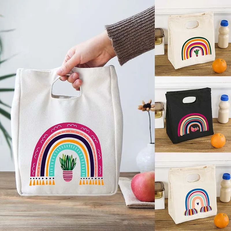 Bolsas de almuerzo multifunción con diseño de arcoíris, bolso de mano portátil para viaje, Picnic, refrigerador de comida, almacenamiento, bolsa de lona térmica con aislamiento