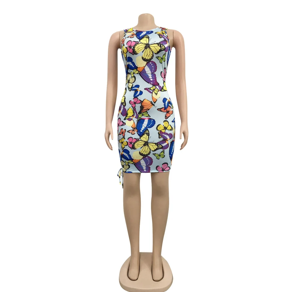 

Butterfly Print Summer Women Bandage Dress Women Ruched Drawstring Sleeveless Short Dress Retro Halter Backless Dress with Mask