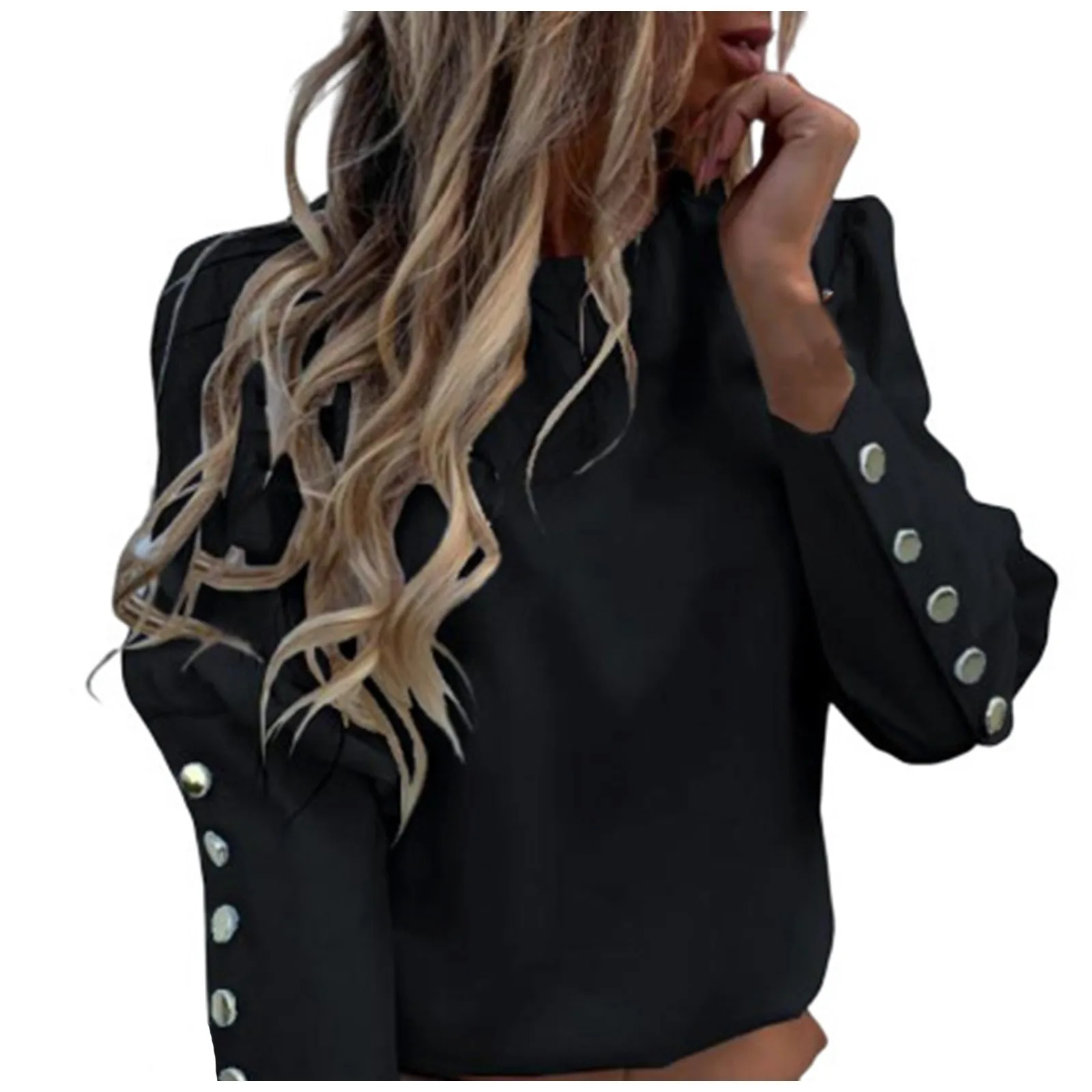 Fashion Casual Women O-Neck Solid Color Single-breasted Long Leeve Tops Blouse las mujeres sweetshirts free shipping
